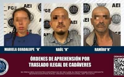 Aprehende FGE a dos hombres y una mujer por traslado ilegal de cadáveres